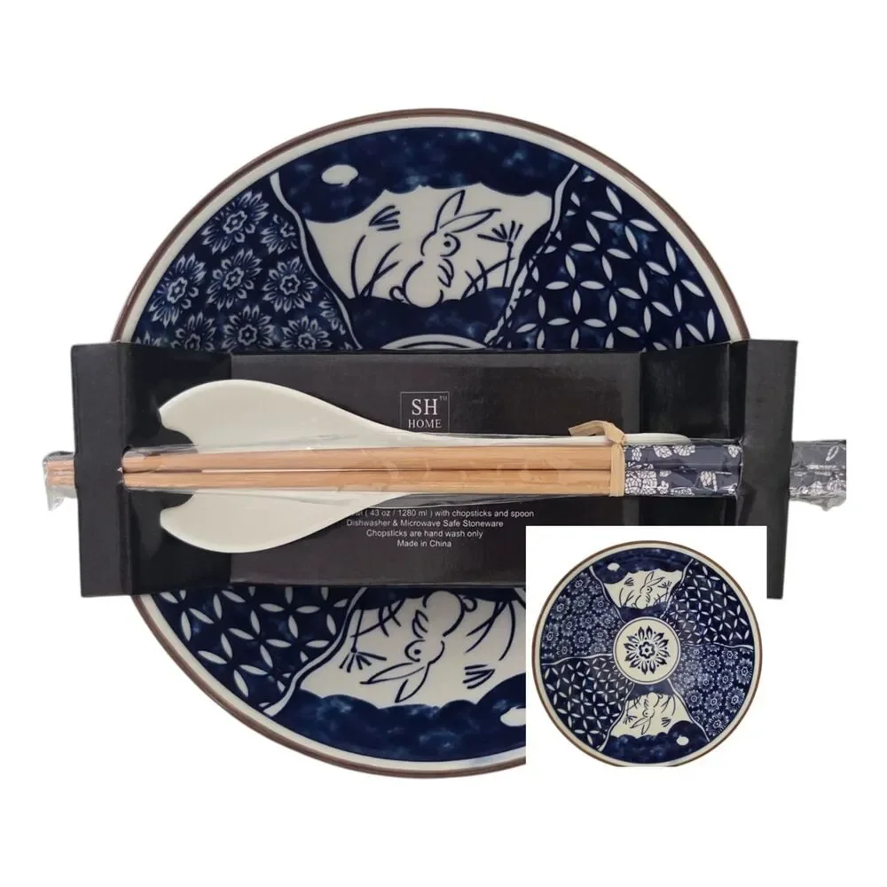 SH Home Bunnies Floral Ceramic Ramen Noodle Bowl With Chopstick‎ And Spoon Blue